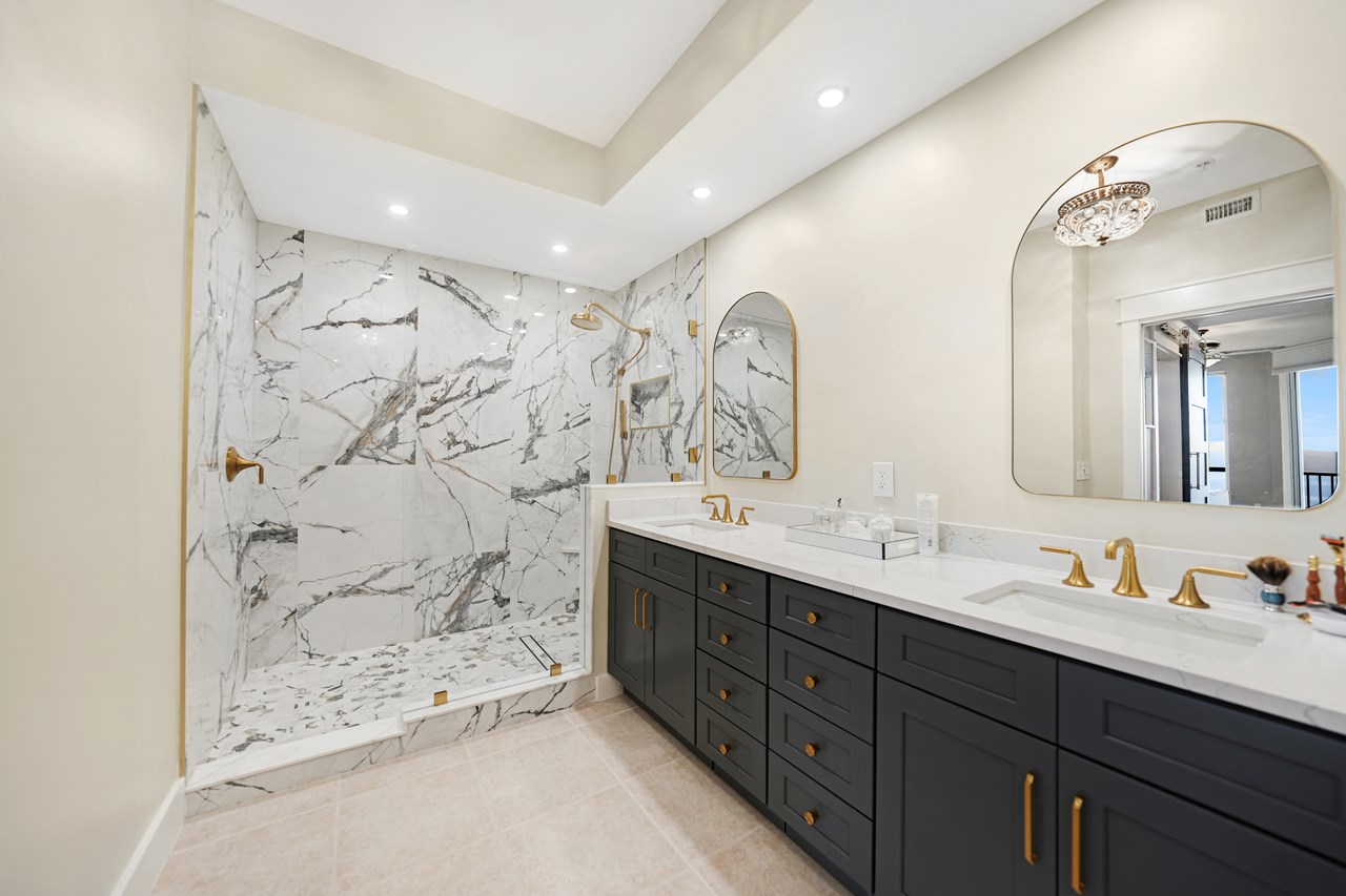 lavish master bath with huge walk-in shower
